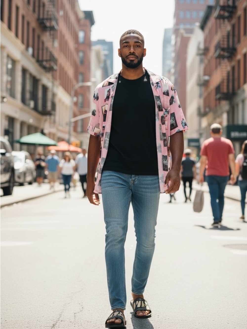 H&M Pink Short-Sleeve Photo-Print Button-Down Shirt